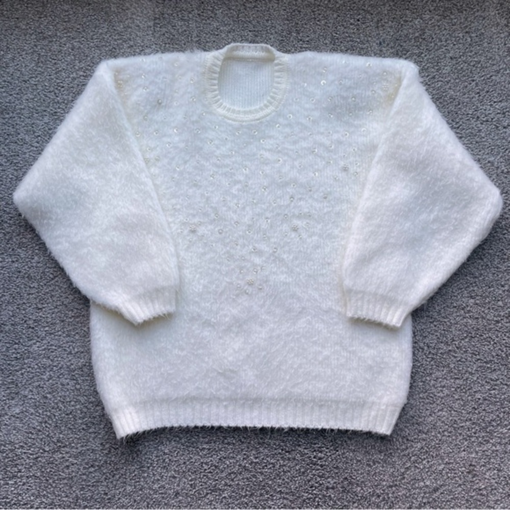 Handmade Knit Pearl Beaded Sweater Women’s Large Cream Soft Fuzzy Feminine Cozy